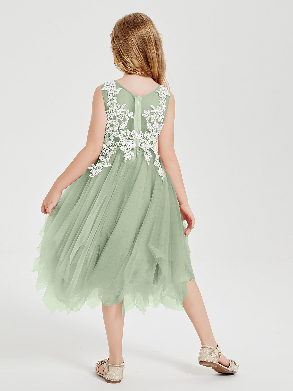 Tea Length Tulle Junior Bridesmaid Dresses Dusty Sage